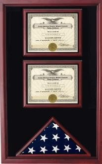 2 Certificates Flag Display case - Cherry
