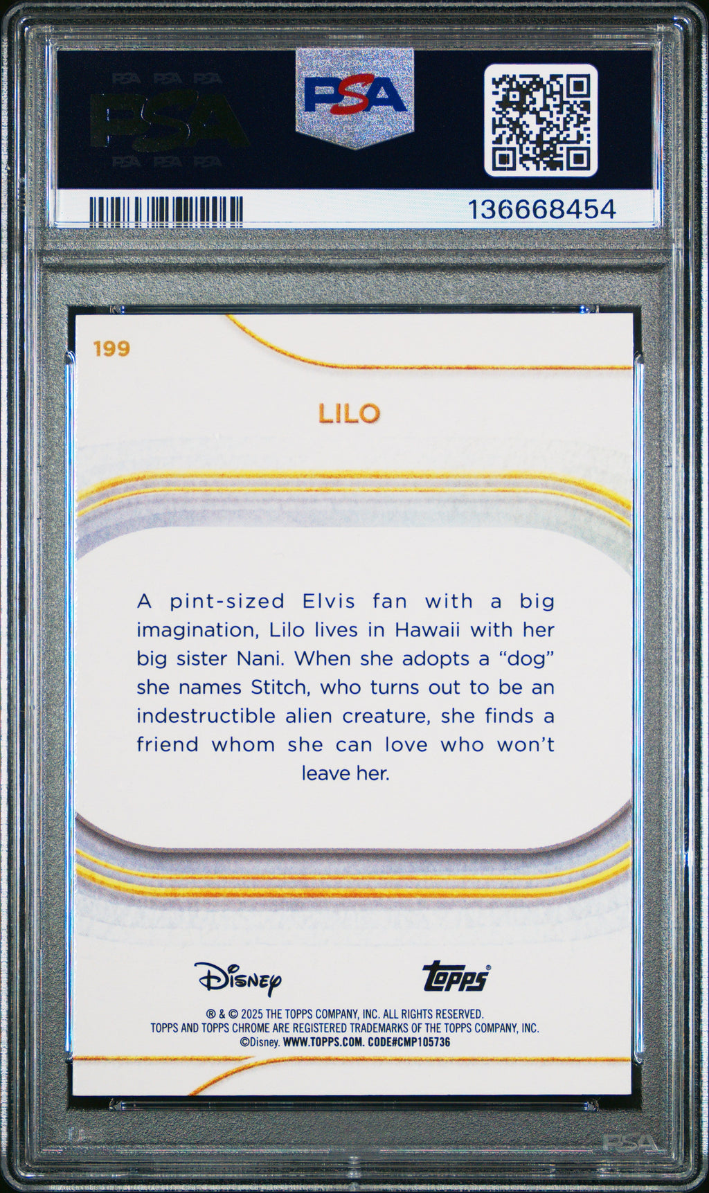 Graded 2025 Topps Chrome Disney Lilo #199 Yellow Mini Diamonds Lilo & Stitch Trading Card PSA 10 Gem Mint