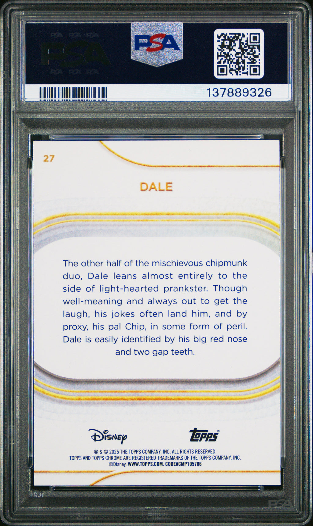 Graded 2025 Topps Chrome Disney Dale #27 Purple Refractor #/75 Chip & Dale Trading Card PSA 10 Gem Mint