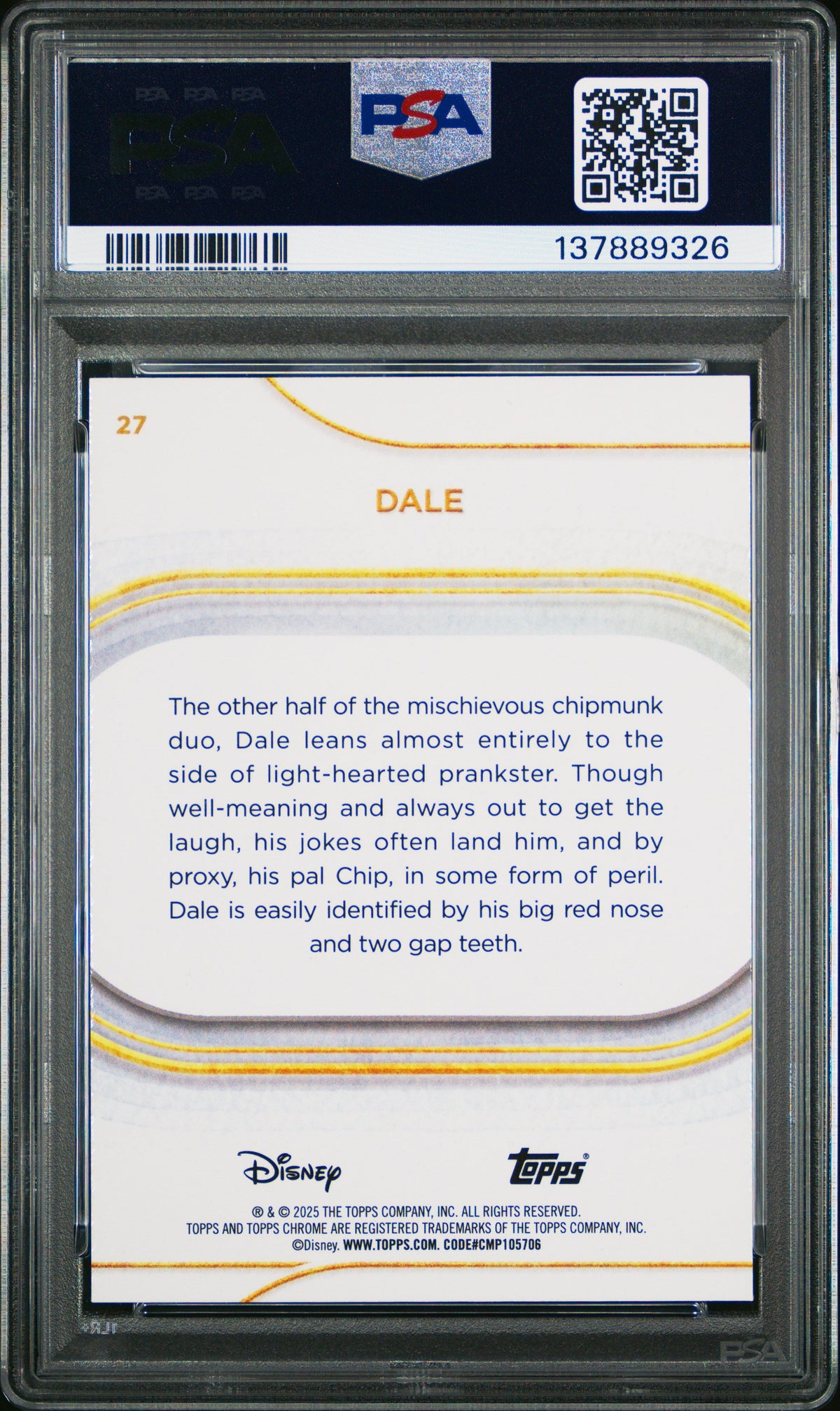 Graded 2025 Topps Chrome Disney Dale #27 Purple Refractor #/75 Chip & Dale Trading Card PSA 10 Gem Mint