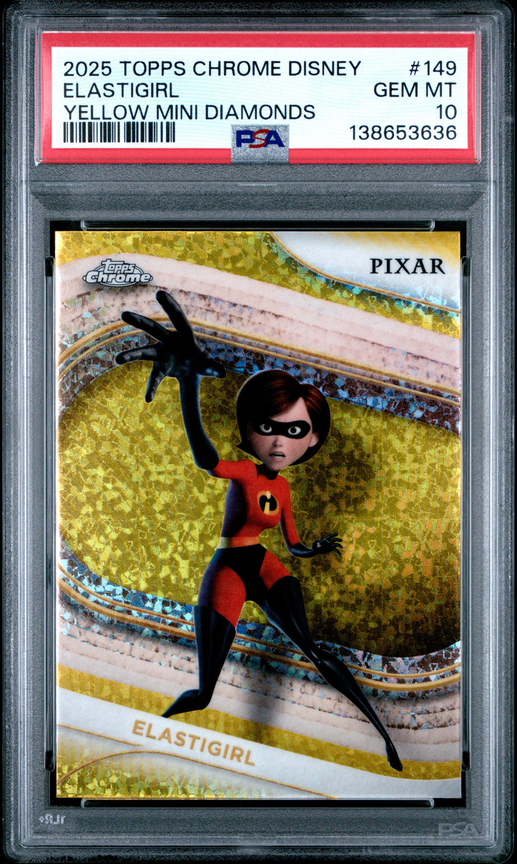 Graded 2025 Topps Chrome Disney Elastigirl #149 Yellow Mini Diamonds The Incredibles Mrs. Incredible Trading Card PSA 10 Gem Mint