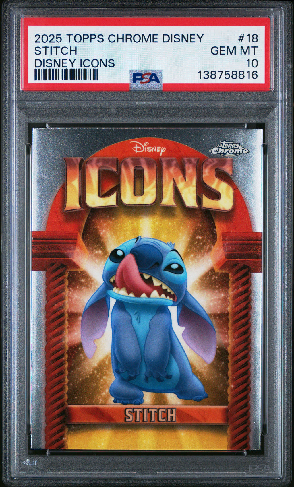 Graded 2025 Topps Chrome Disney Stitch #18 Icons Lilo & Stitch Trading Card PSA 10 Gem Mint