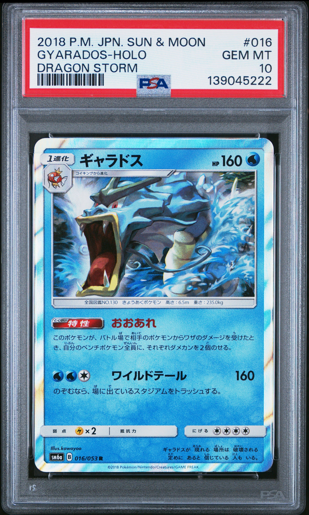 Graded 2018 PKM Japanese Sun & Moon SM6a Gyarados-Holo #016 Dragon Storm Trading Card Game PSA 10 Gem Mint