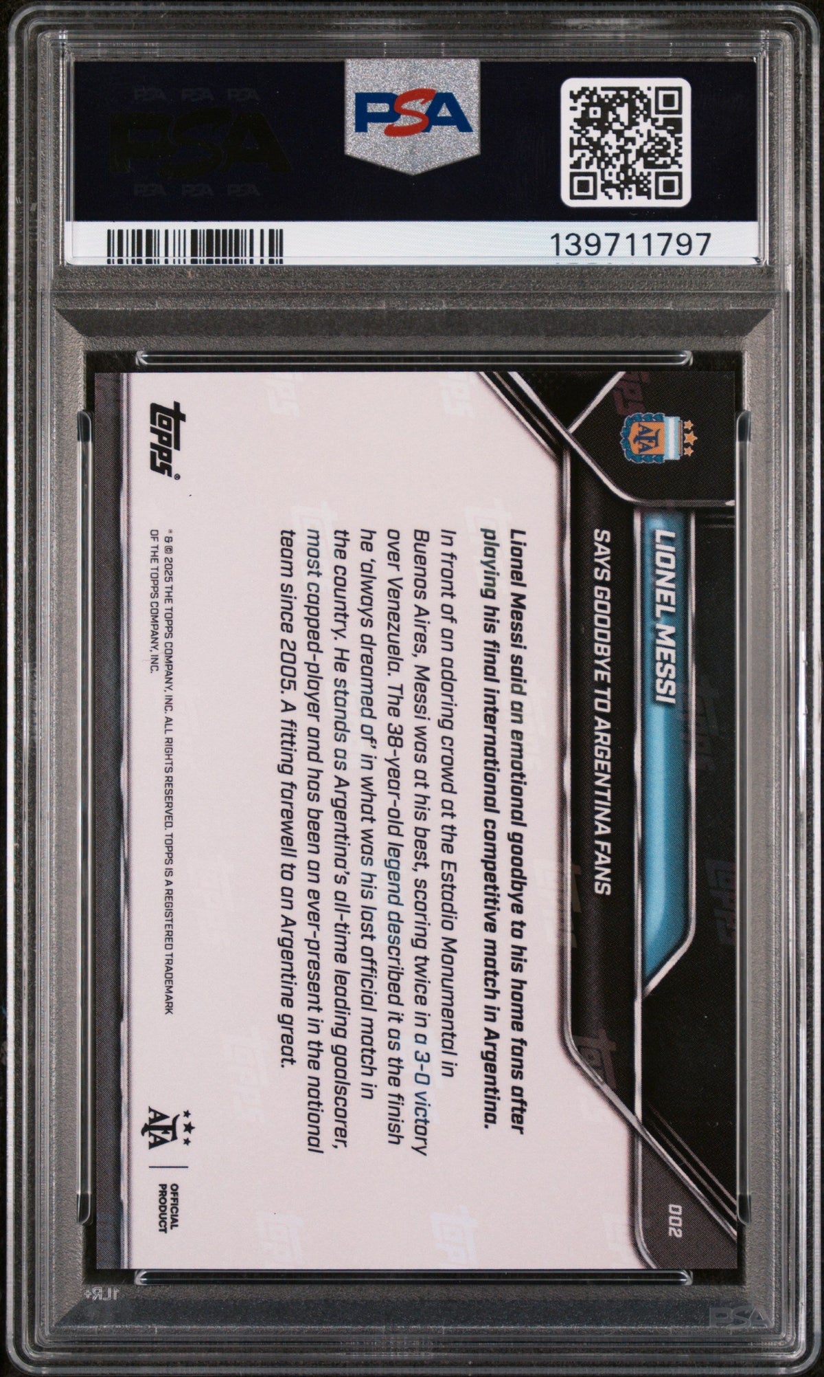Graded 2024 Topps Now Argentina Lionel Messi #2 Says Goodbye to Argentina Fans Soccer Card PSA 10 Gem Mint