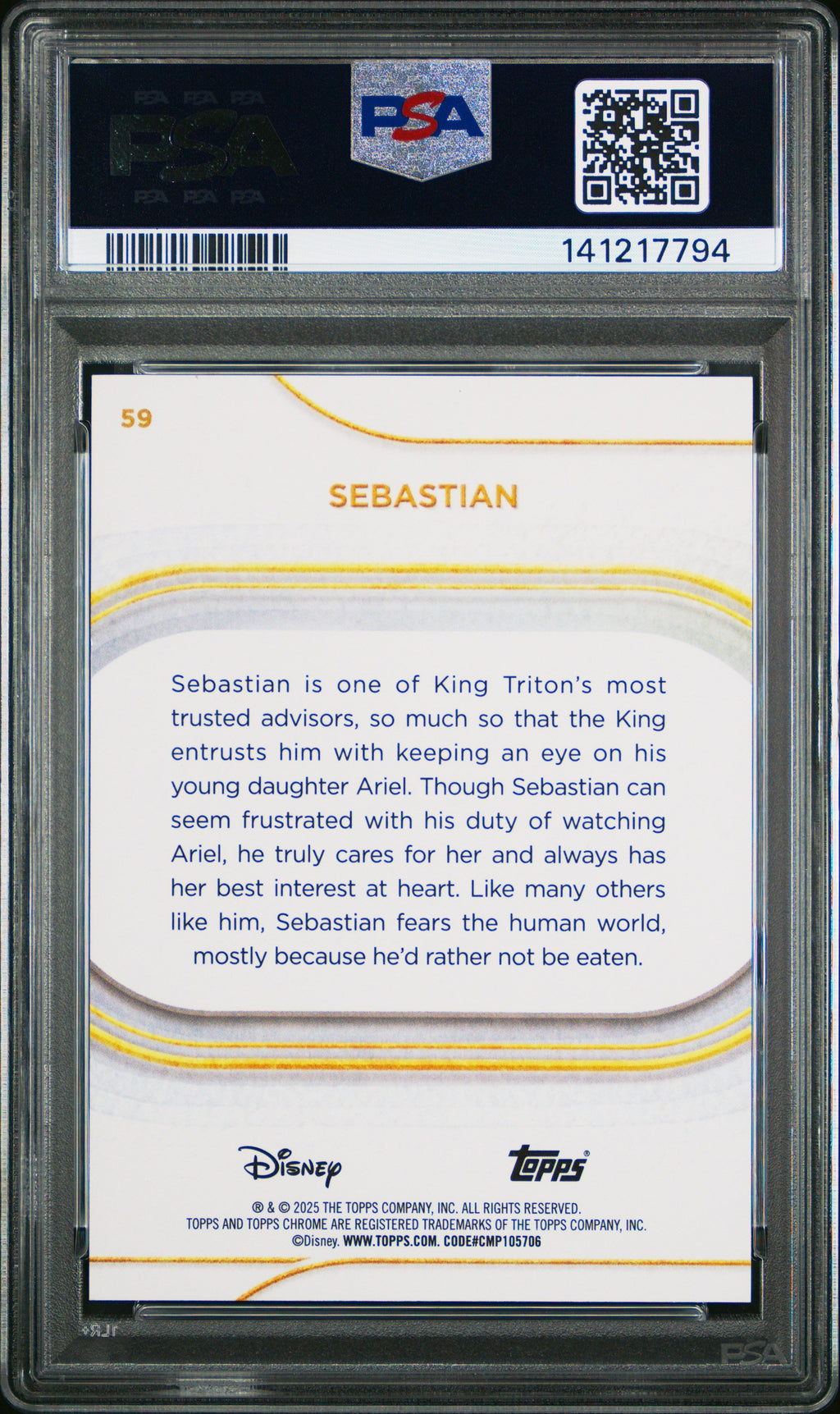 Graded 2025 Topps Chrome Disney Sebastian #59 Purple Wave #/75 The Little Mermaid Trading Card PSA 10 Gem Mint