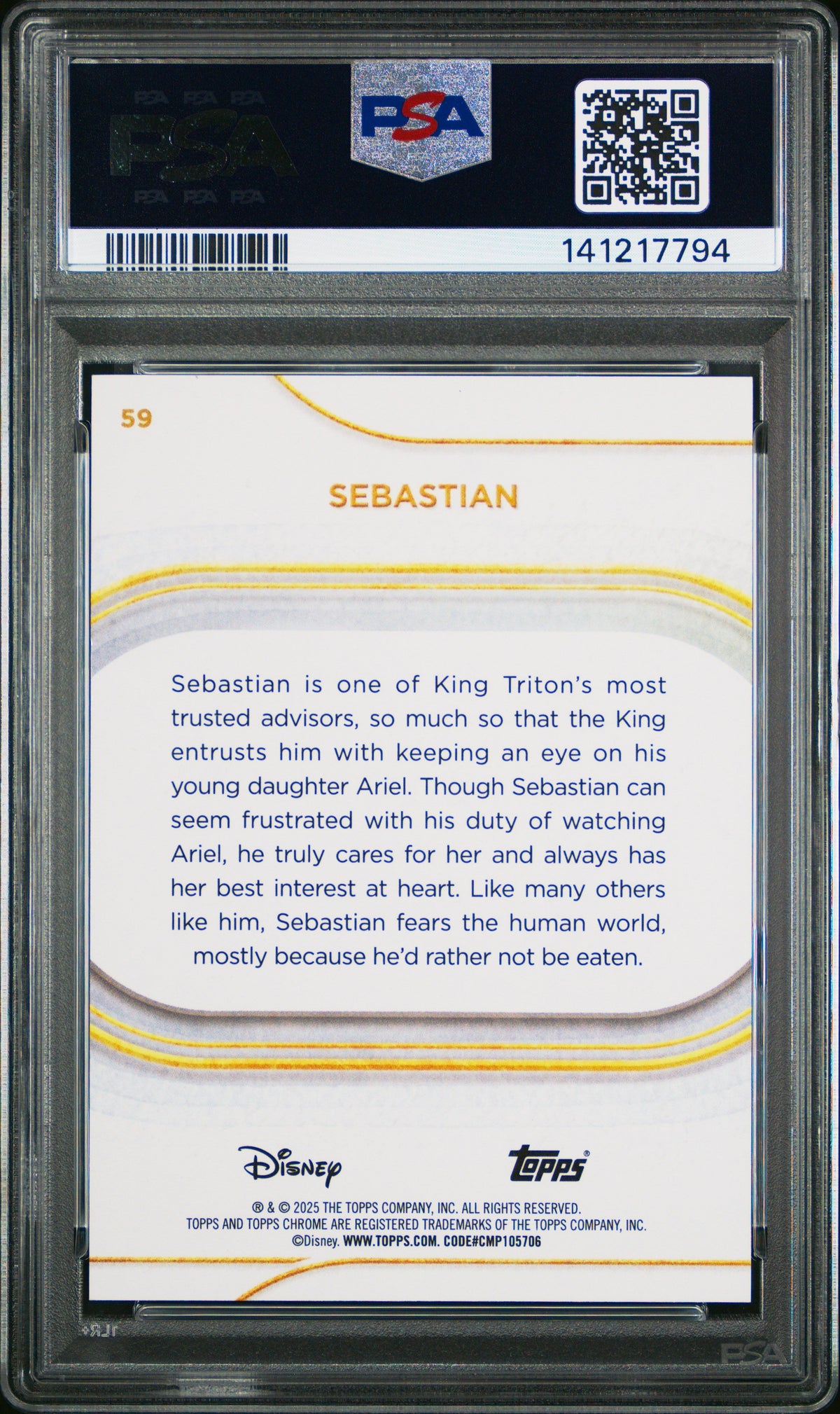 Graded 2025 Topps Chrome Disney Sebastian #59 Purple Wave #/75 The Little Mermaid Trading Card PSA 10 Gem Mint