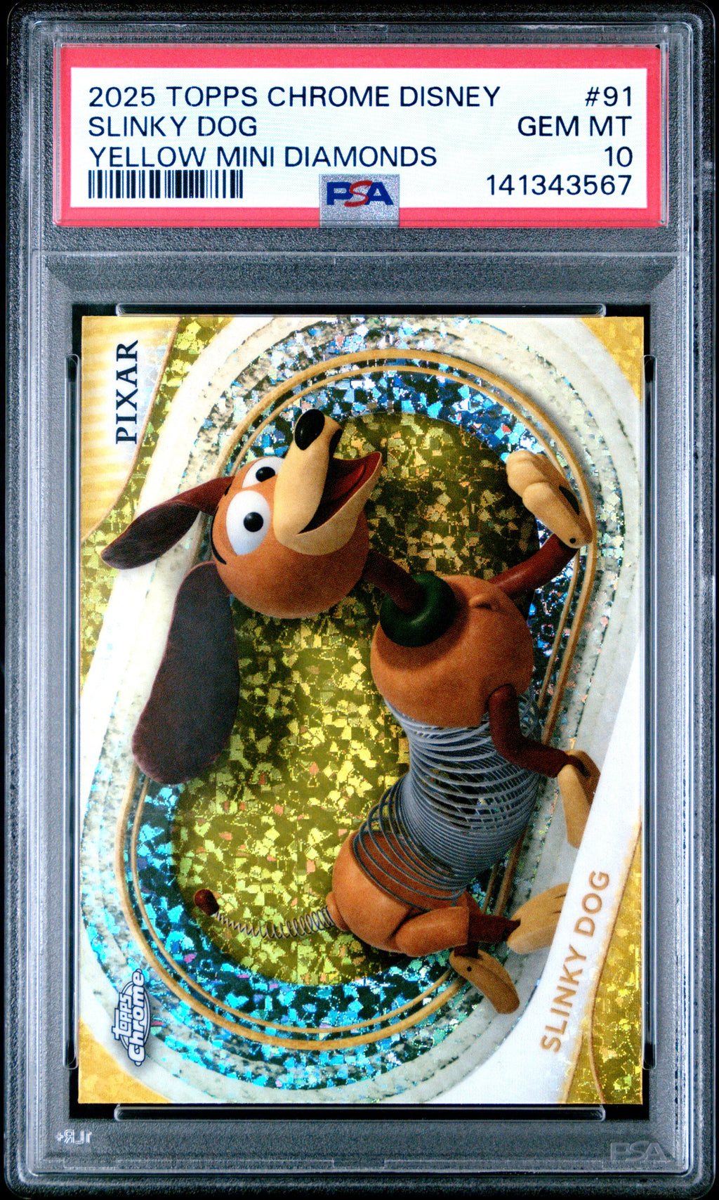 Graded 2025 Topps Chrome Disney Slinky #91 Yellow Mini Diamonds Toy Story Trading Card PSA 10 Gem Mint