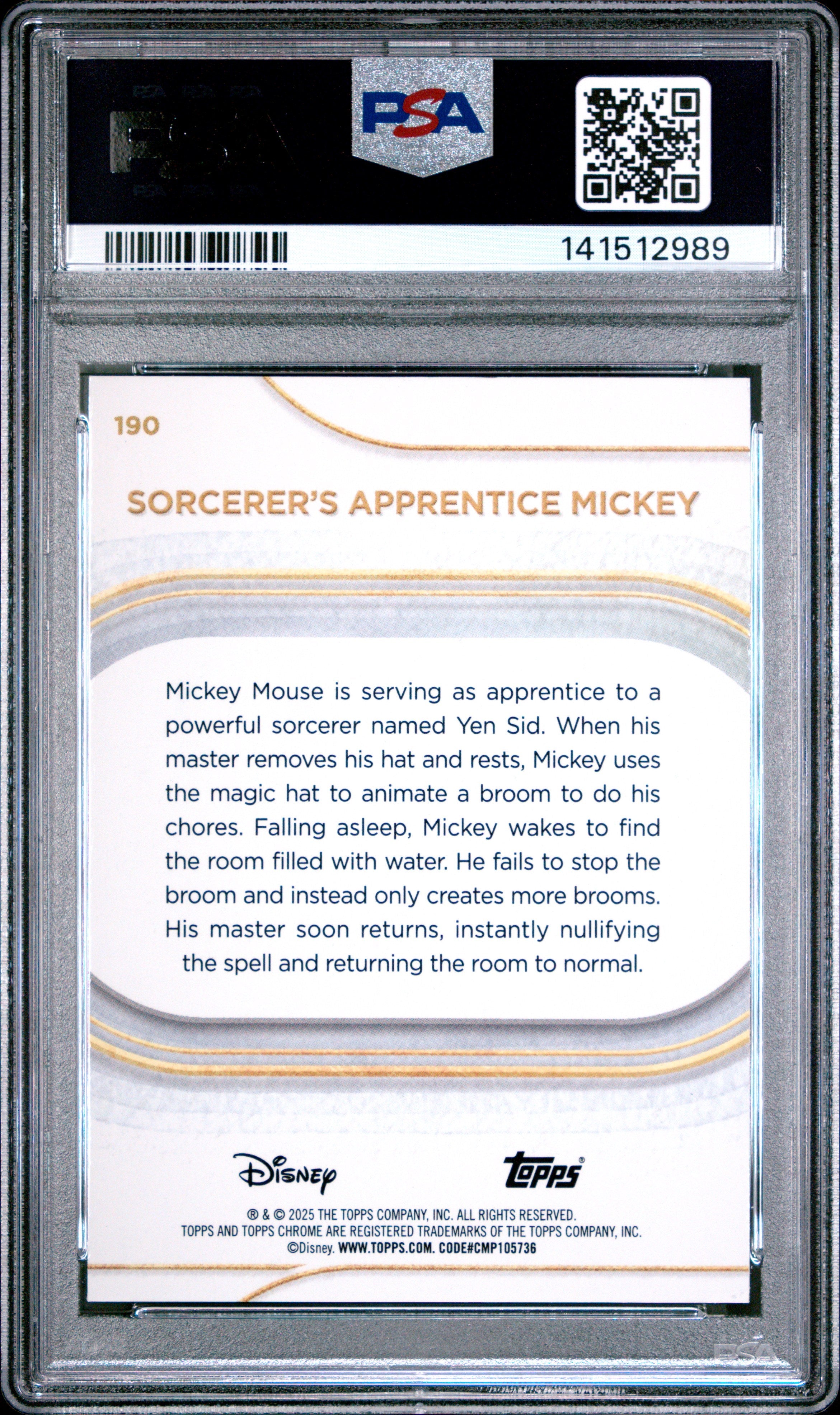 Graded 2025 Topps Chrome Disney Sorcerer's Apprentice Mickey #190 Fantasia Trading Card PSA 10 Gem Mint