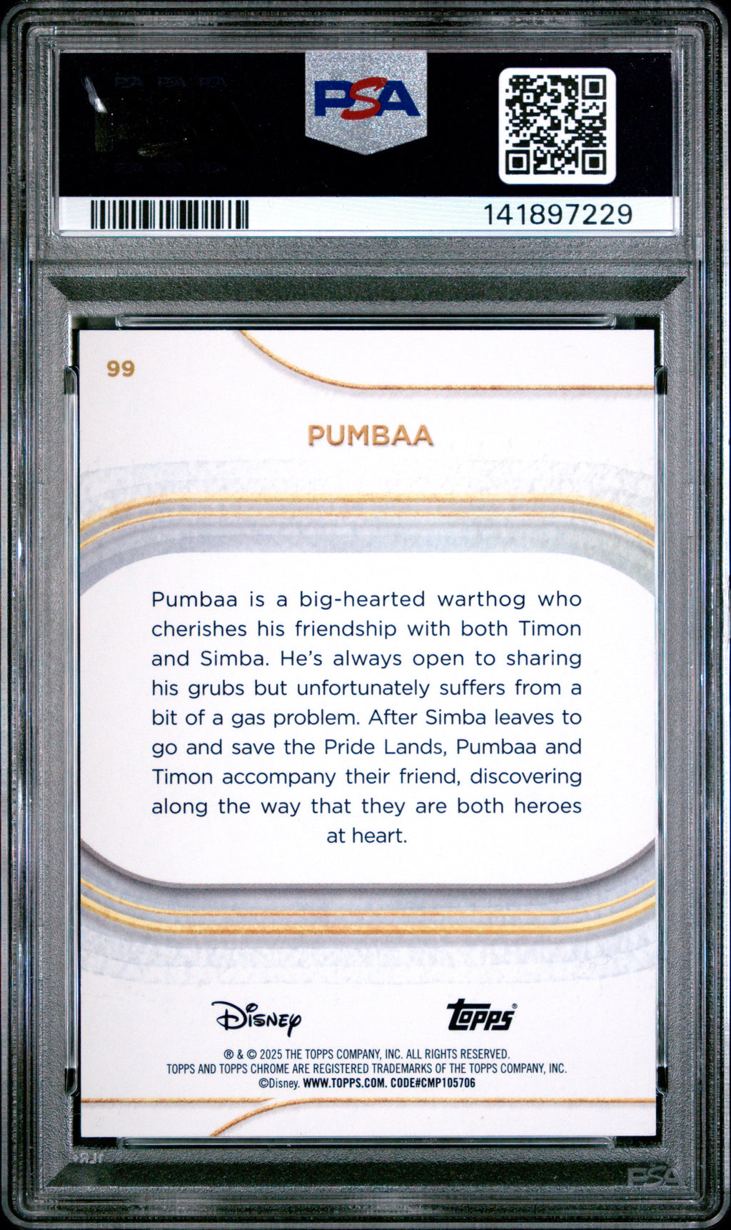 Graded 2025 Topps Chrome Disney Pumbaa #99 Pink Refractor #/250 The Lion King Trading Card PSA 10 Gem Mint