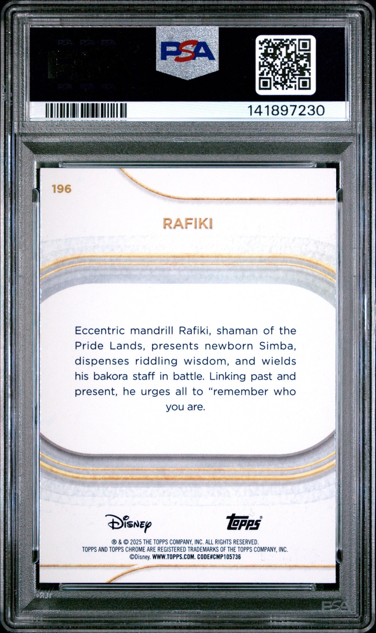 Graded 2025 Topps Chrome Disney Rafiki #196 Pink Refractor #/250 The Lion King Live Action Trading Card PSA 10 Gem Mint
