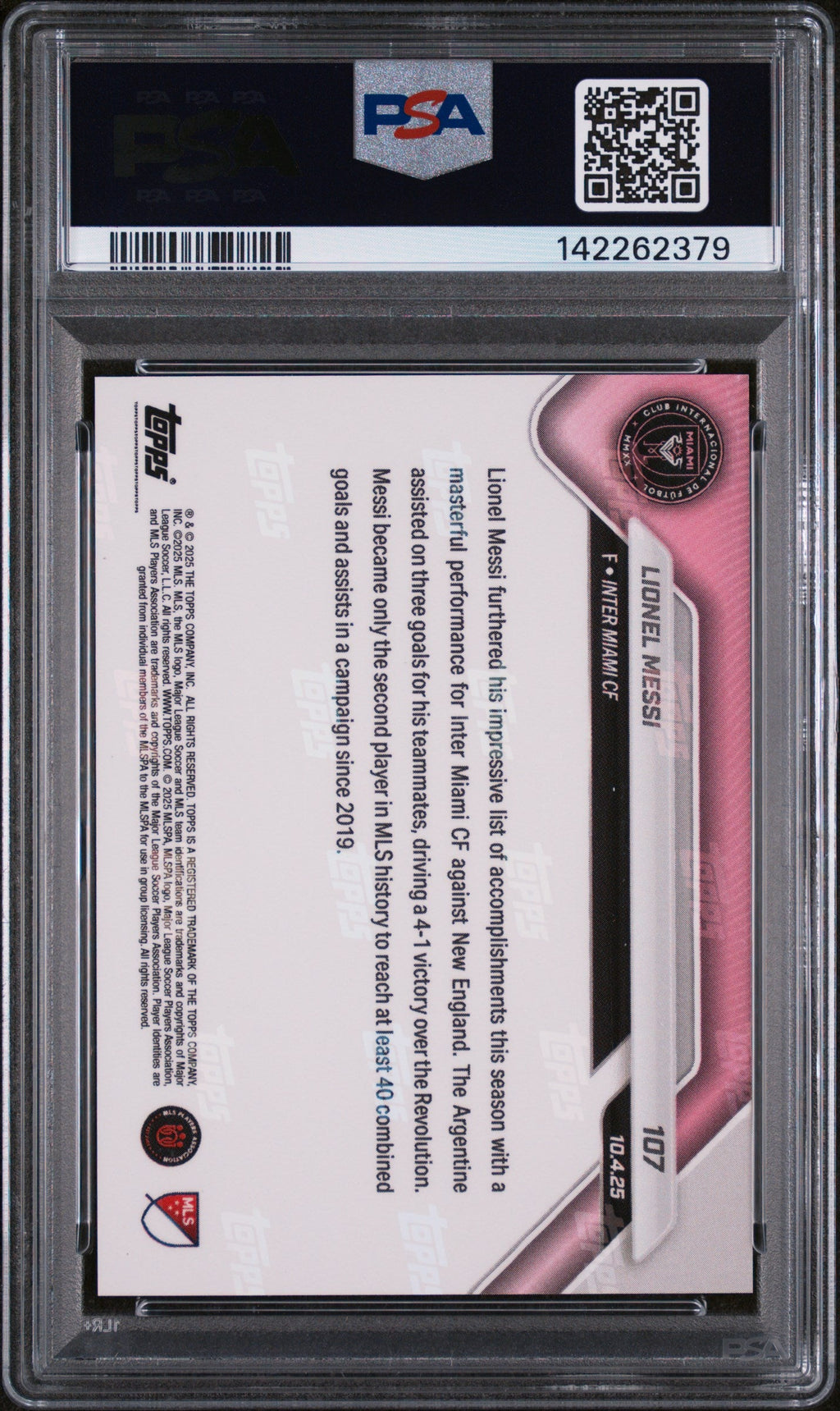 Graded 2025 Topps Now MLS Lionel Messi #107 Trio of Assists Adds to Historic Campaign Soccer Card PSA 9 Mint