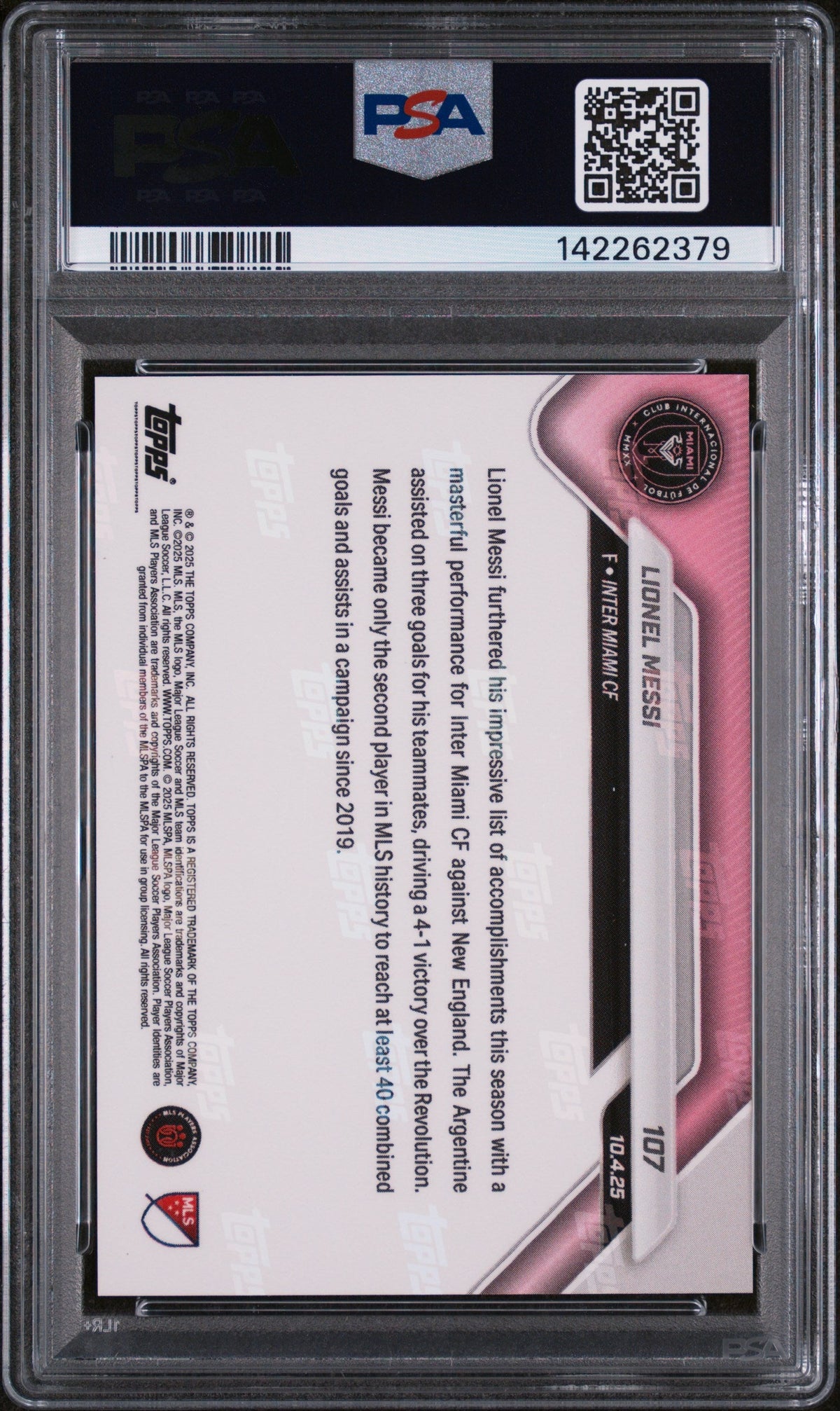 Graded 2025 Topps Now MLS Lionel Messi #107 Trio of Assists Adds to Historic Campaign Soccer Card PSA 9 Mint