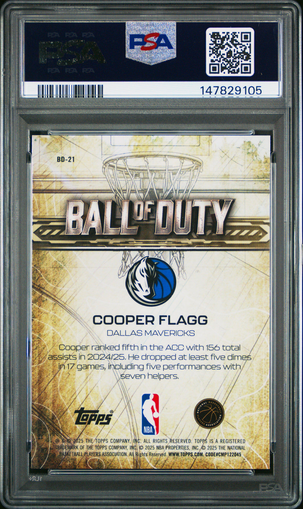 Graded 2025 Topps Chrome Cooper Flagg #BD21 Ball of Duty Rookie RC Basketball Card PSA 10 Gem Mint