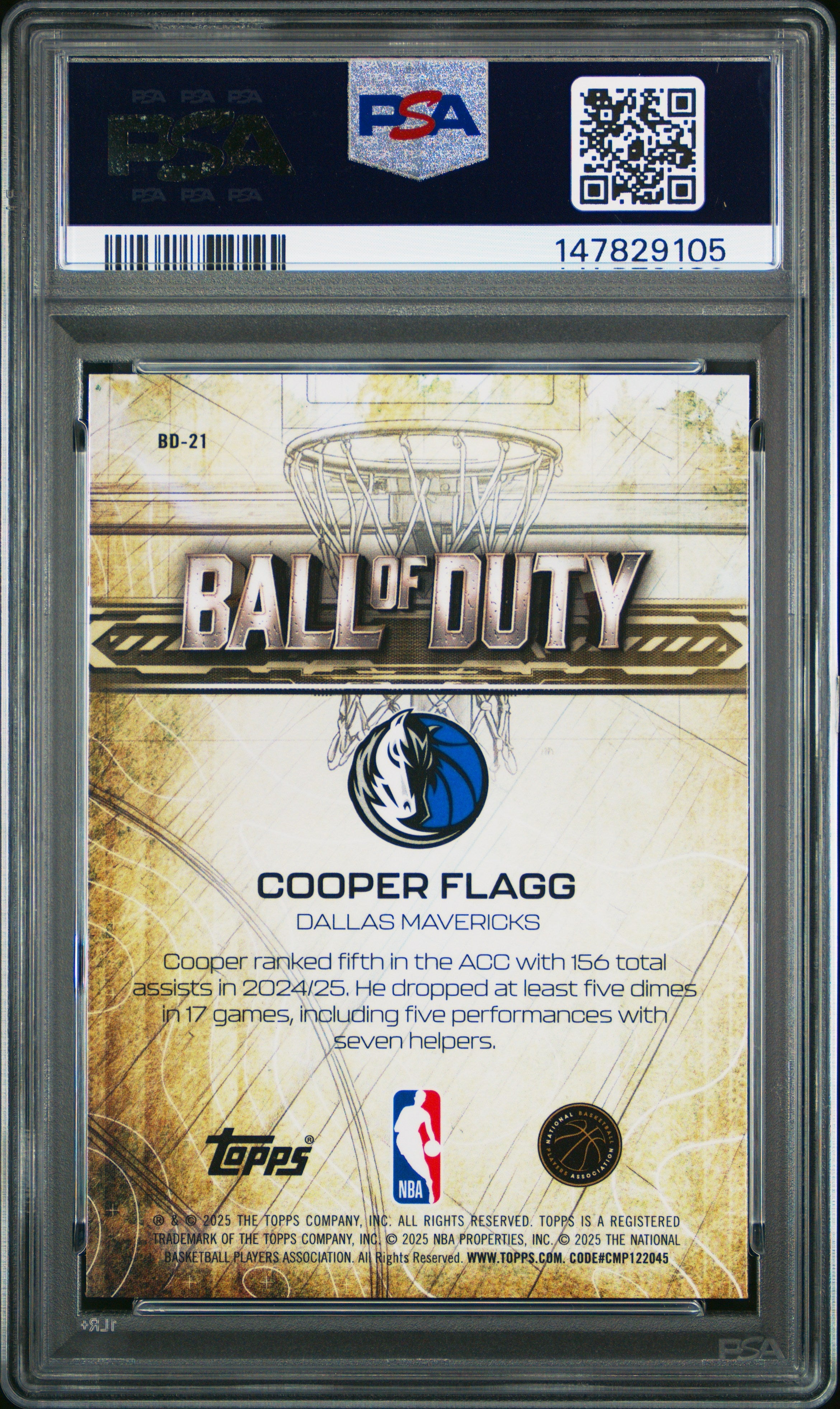 Graded 2025 Topps Chrome Cooper Flagg #BD21 Ball of Duty Rookie RC Basketball Card PSA 10 Gem Mint