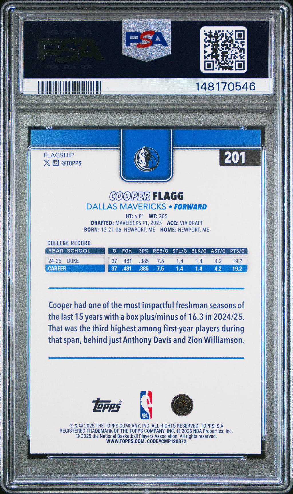 Graded 2025 Topps Cooper Flagg #201 Rookie RC Basketball Card PSA 10 Gem Mint
