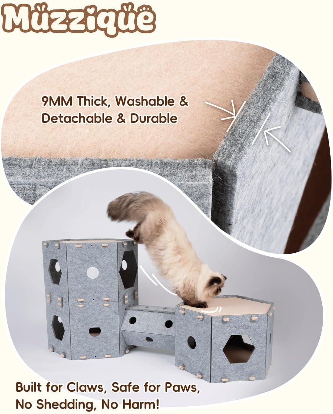 Muzzique Modular Felt Cat House & Tunnel Bed with Brush