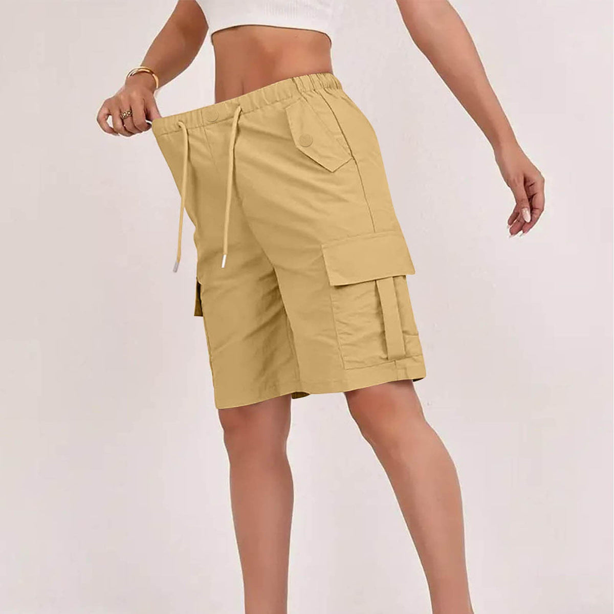 Womens High-waisted Casual Fashion Shorts With Pockets Buttons And A Drawstring