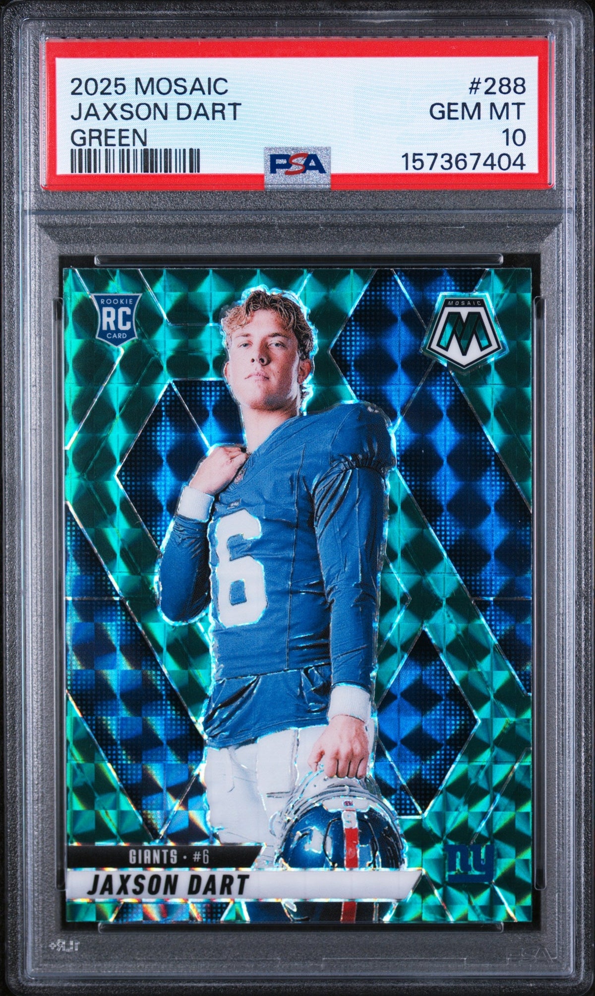 Graded 2025 Panini Mosaic Jaxson Dart #288 Green Rookie RC Football Card PSA 10 Gem Mint