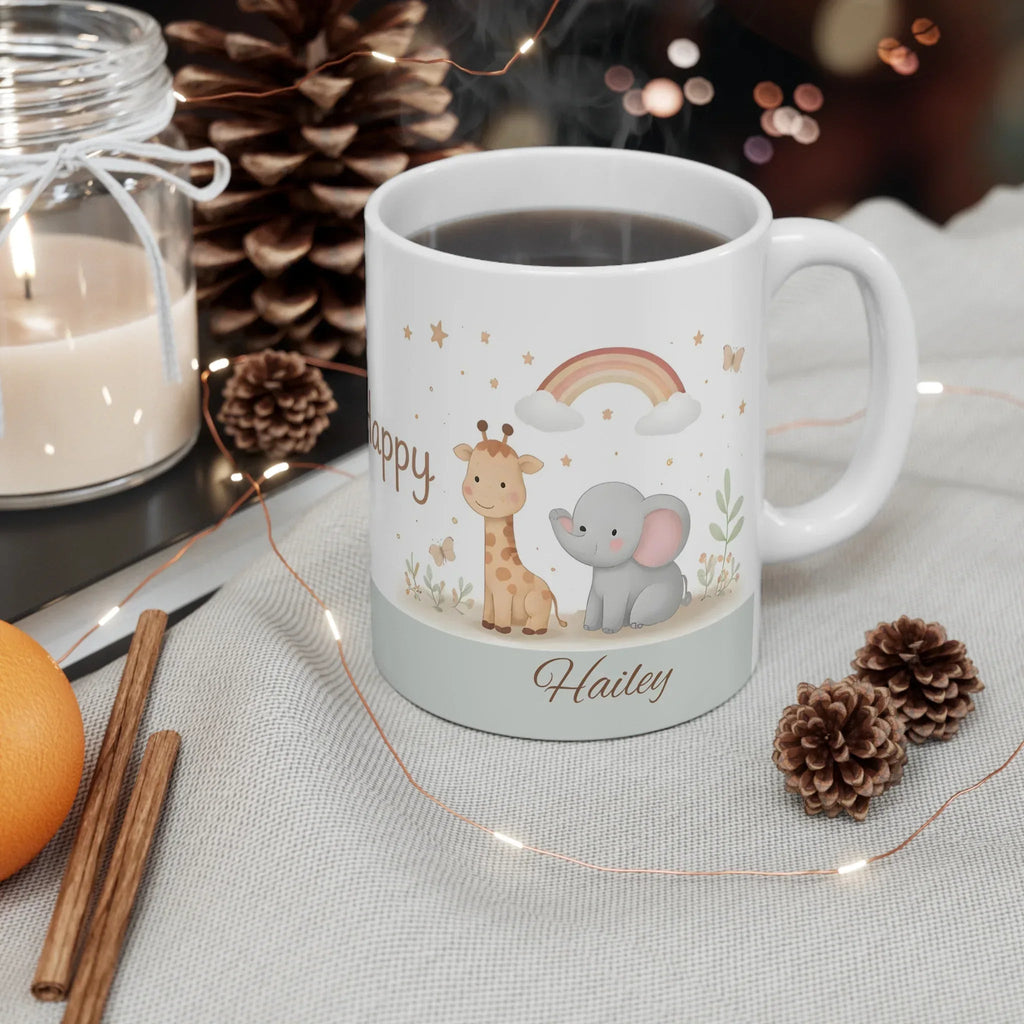 Be Happy Safari Mug — Personalized Cute Giraffe & Elephant Baby Shower Gift