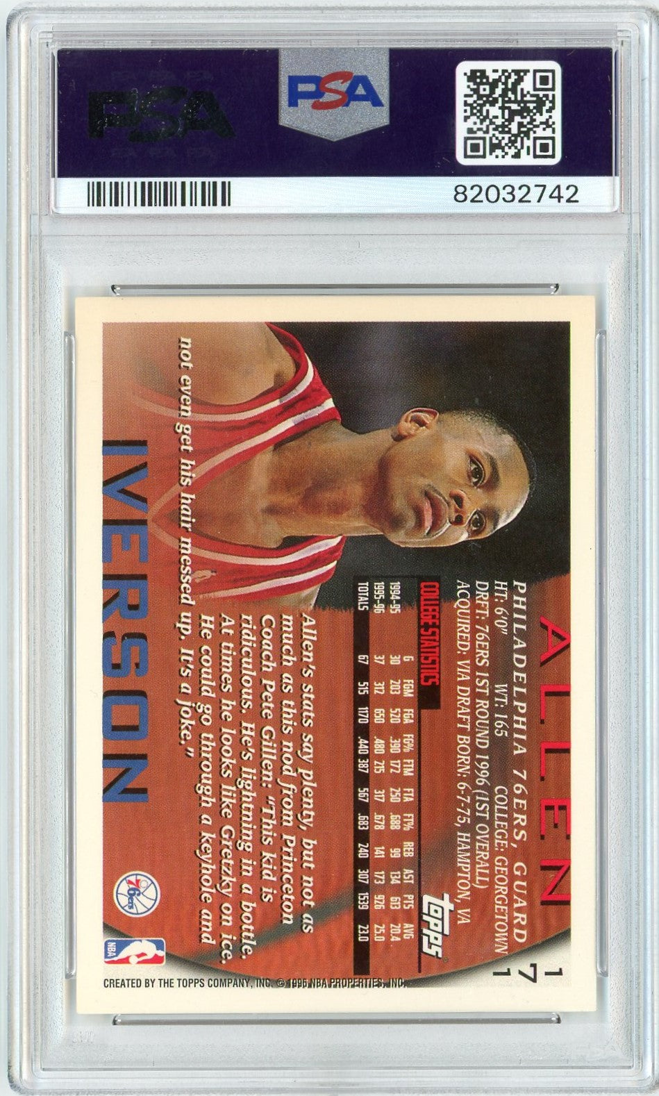 Graded 1996 Topps Allen Iverson #171 Rookie RC Basketball Card PSA 8 Auto Grade Near Mint