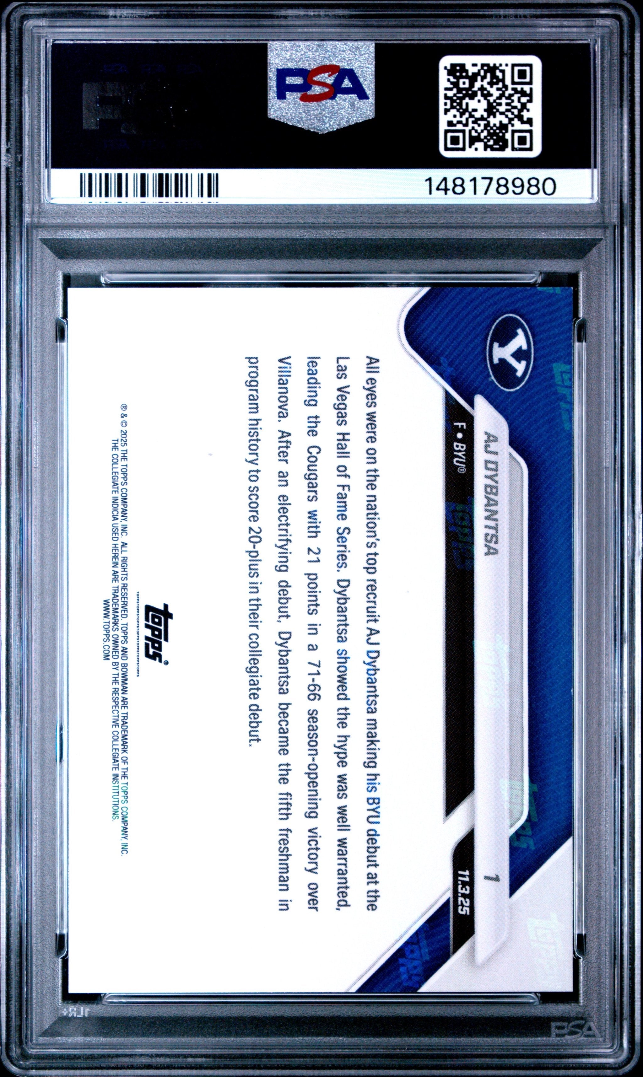 Graded 2025 Topps Bowman U Now AJ Dybantsa #1 Rookie RC Basketball Card PSA 9 Mint