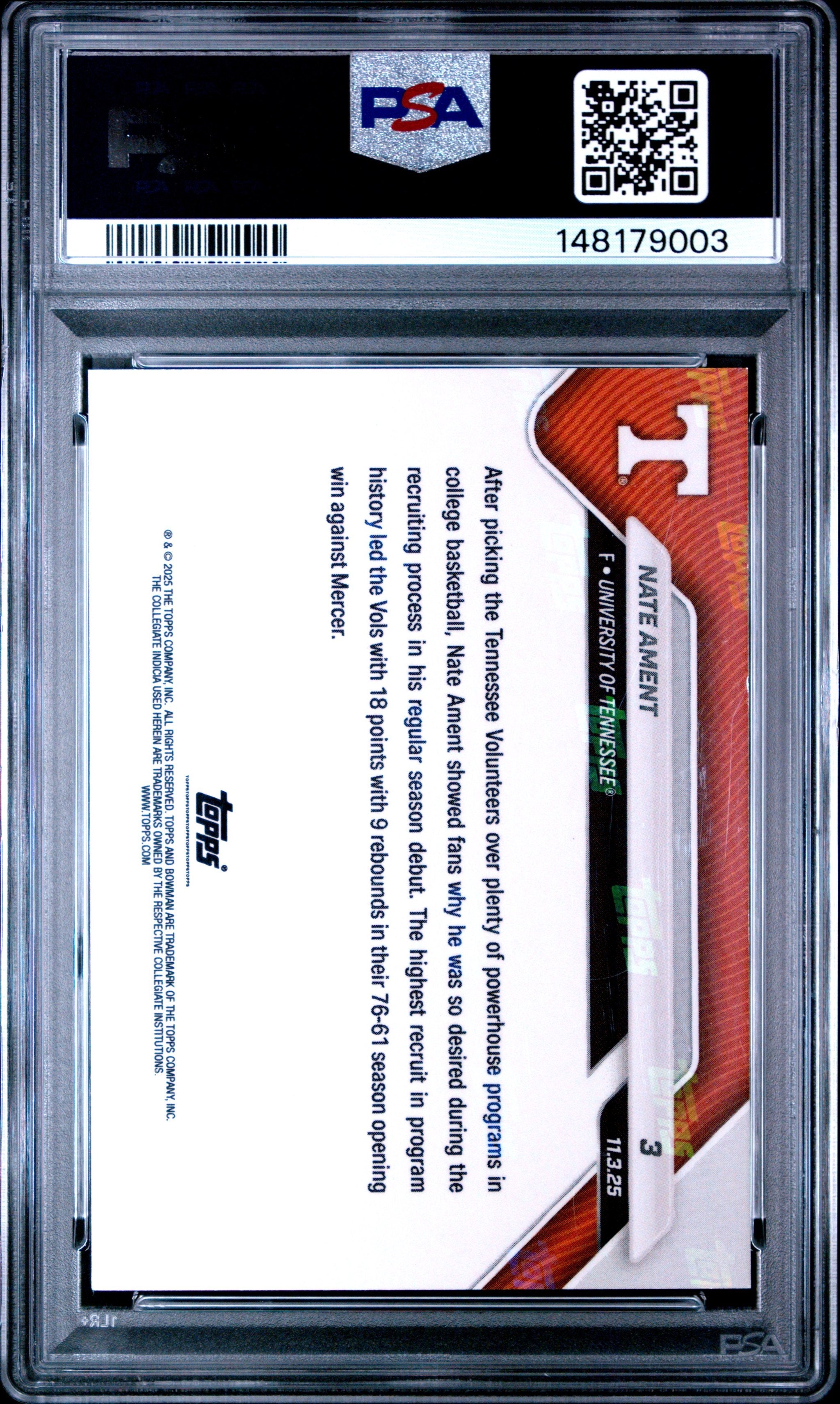 Graded 2025 Topps Bowman U Now Nate Ament #3 Gold Foil /50 Rookie RC Basketball Card PSA 10 Gem Mint
