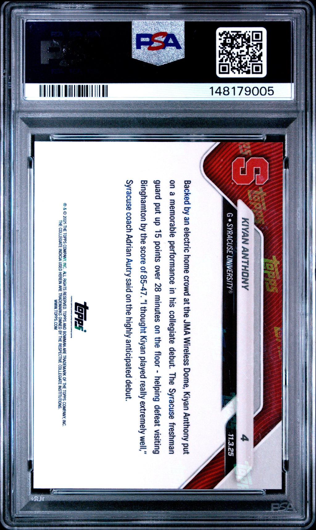 Graded 2025 Topps Bowman U Now Kiyan Anthony #4 Orange Foil /25 Rookie RC Basketball Card PSA 10 Gem Mint