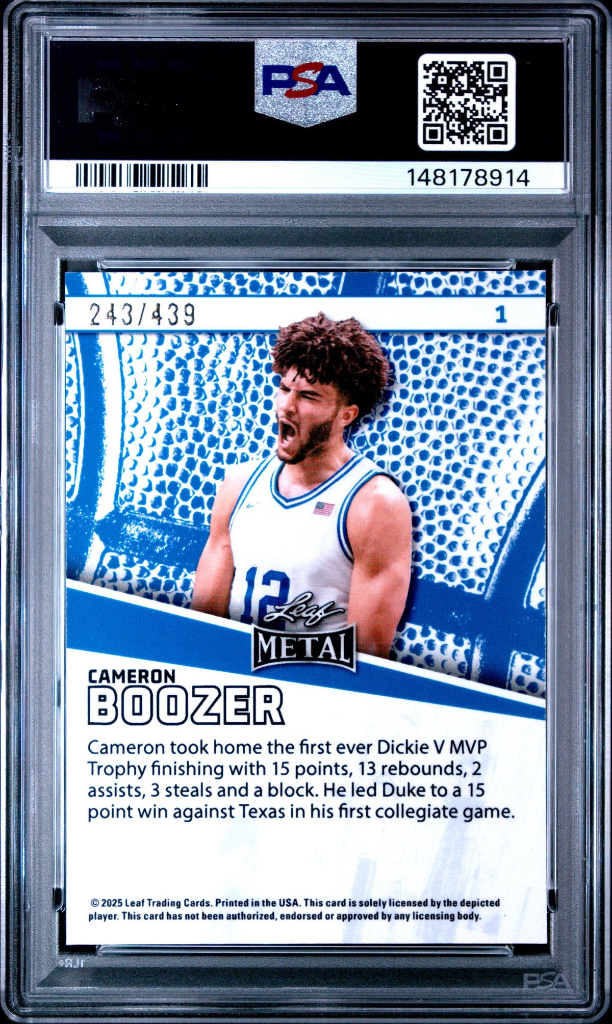 Graded 2025 Leaf Cameron Boozer #1 /439 Rookie RC Basketball Card PSA 9 Mint