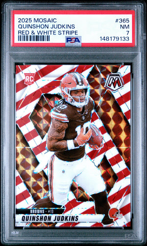 Graded 2025 Panini Mosaic Quinshon Judkins #365 Red/White Stripe Rookie RC Football Card PSA 7 Near Mint