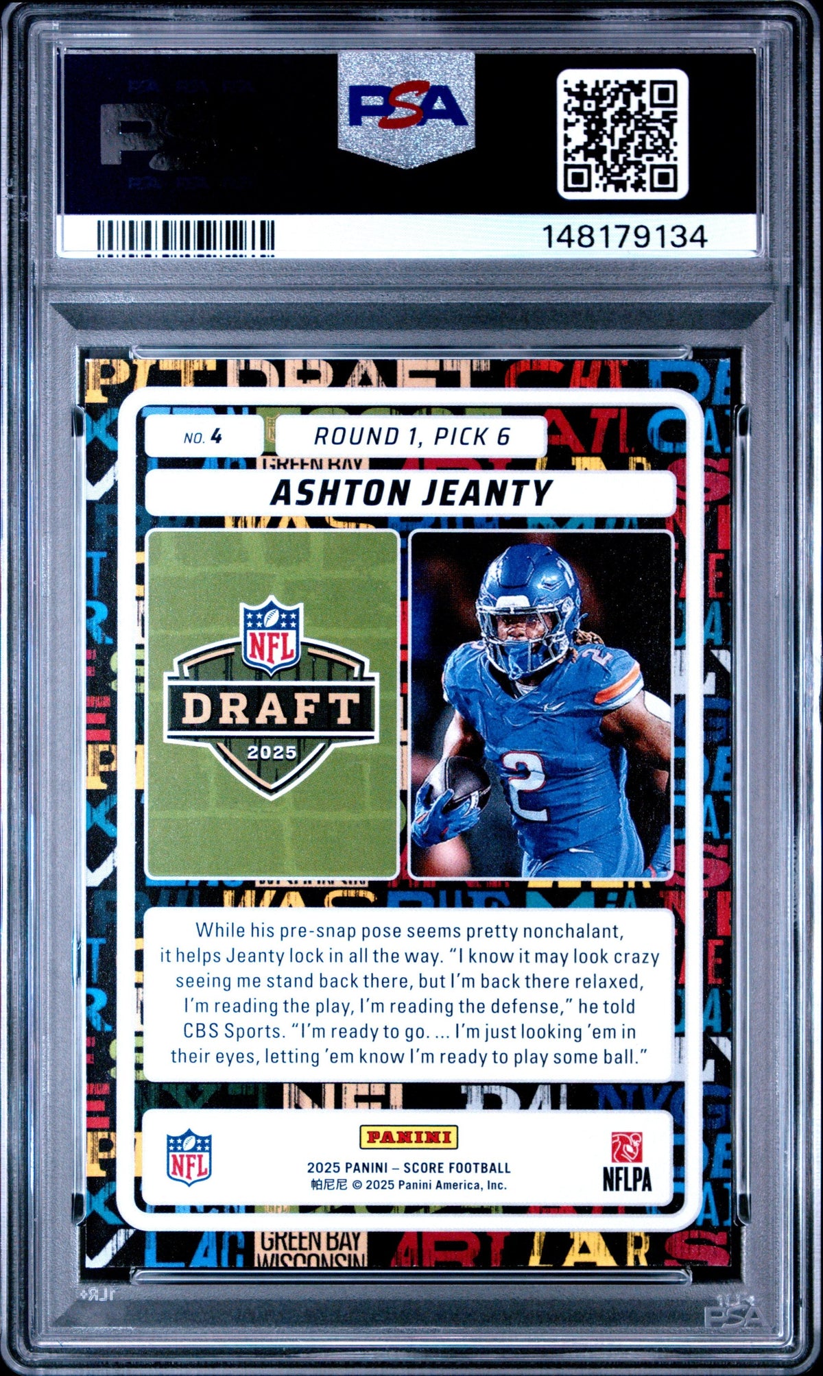 Graded 2025 Panini Score Ashton Jeanty #4 NFL Draft Rookie RC Football Card PSA 9 Mint