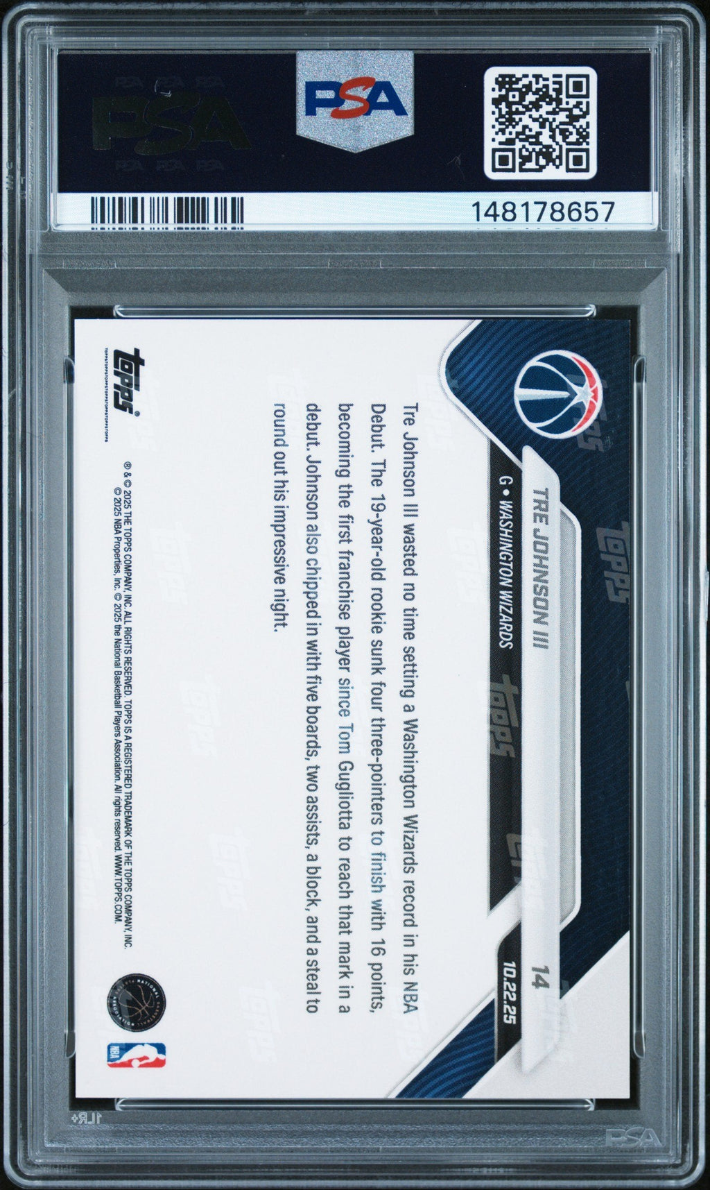 Graded 2025 Topps Now Tre Johnson III #14 Rookie RC Basketball Card PSA 9 Mint