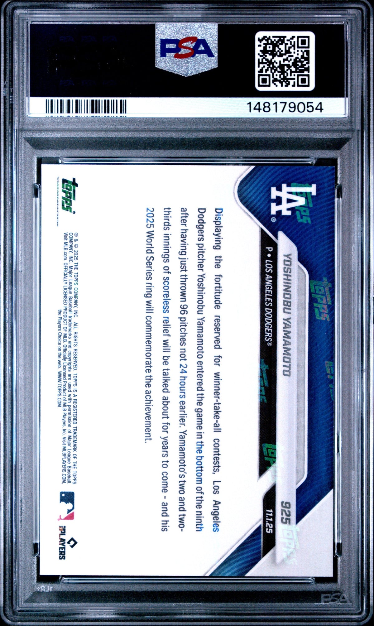 Graded 2025 Topps Now Yoshinobu Yamamoto #925 Baseball Card PSA 9 Mint