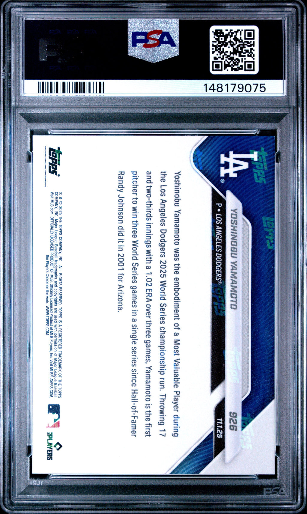 Graded 2025 Topps Now Yoshinobu Yamamoto #926 Baseball Card PSA 9 Mint
