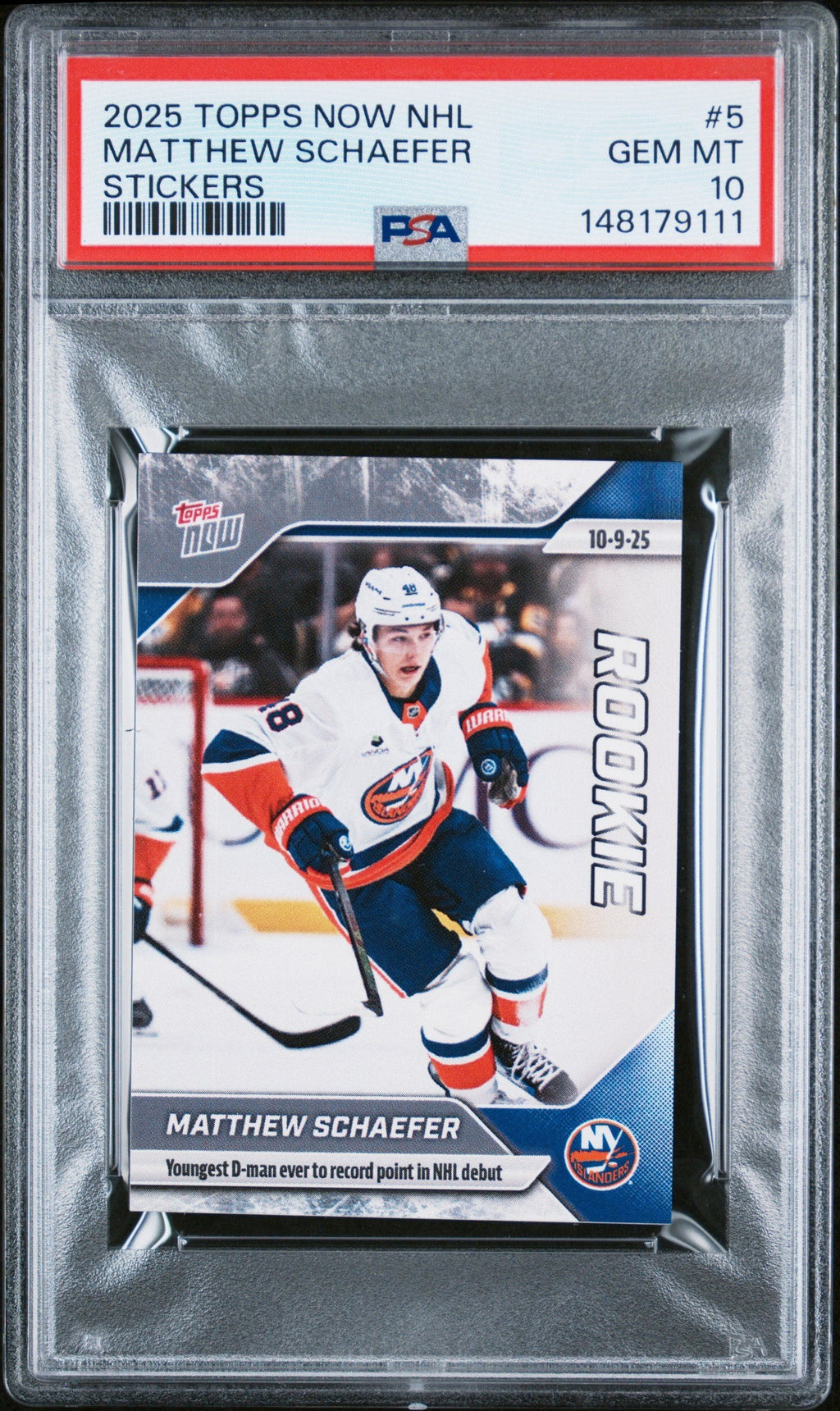 Graded 2025 Topps Now Matthew Schaefer #5 Rookie RC Hockey Card PSA 10 Gem Mint