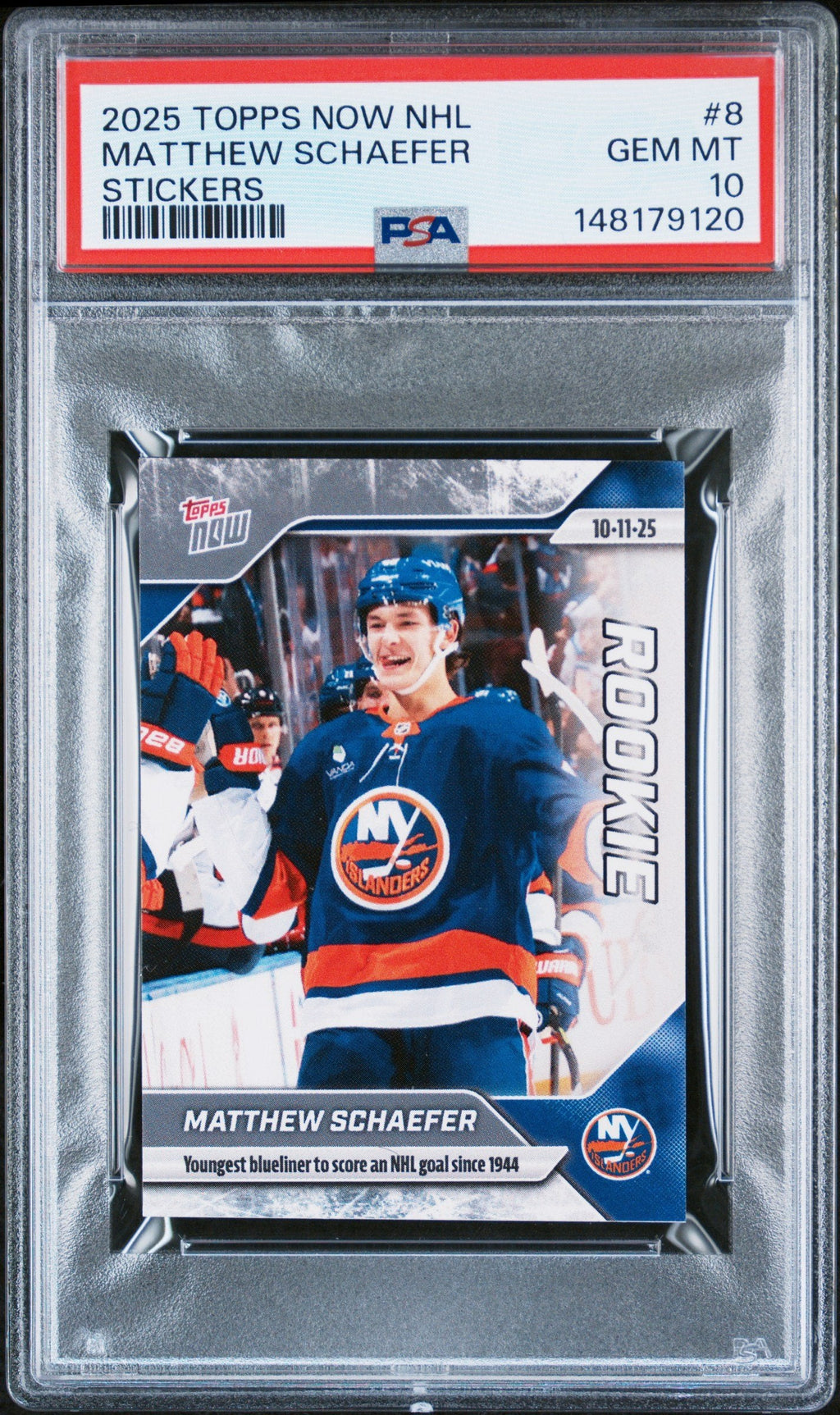 Graded 2025 Topps Now Matthew Schaefer #8 Rookie RC Hockey Card PSA 10 Gem Mint