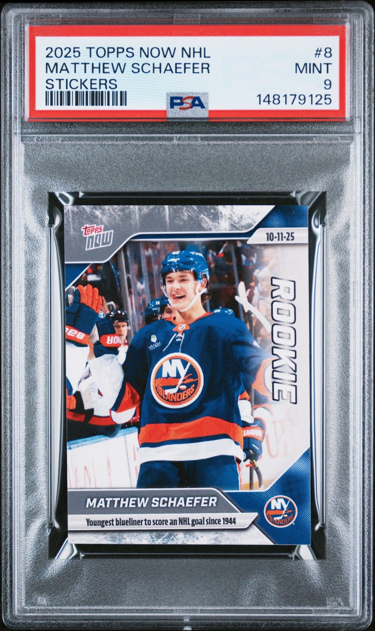 Graded 2025 Topps Now Matthew Schaefer #8 Rookie RC Hockey Card PSA 9 Mint