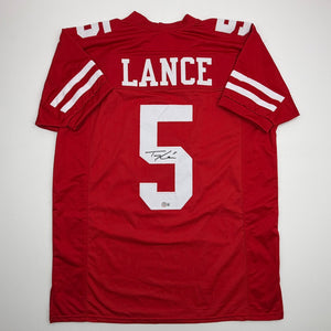 Autographed/Signed Trey Lance San Francisco Red Football Jersey Beckett BAS COA