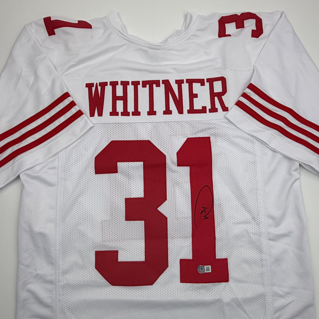 Autographed/Signed Donte Whitner San Francisco White Football Jersey Beckett BAS COA