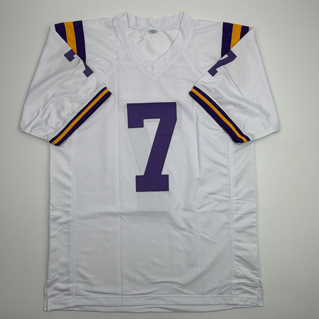 Autographed/Signed Leonard Fournette LSU White College Football Jersey Beckett BAS COA