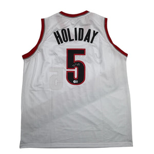 Autographed/Signed Jrue Holiday Portland White Basketball Jersey Beckett BAS COA