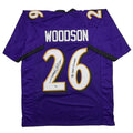 Autographed/Signed Rod Woodson SB XXXV Champs Baltimore Purple Football Jersey Beckett BAS COA