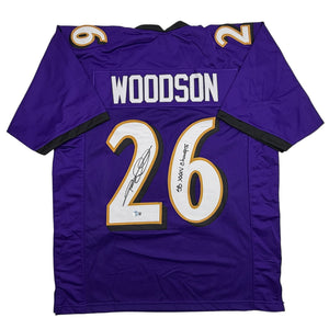 Autographed/Signed Rod Woodson SB XXXV Champs Baltimore Purple Football Jersey Beckett BAS COA