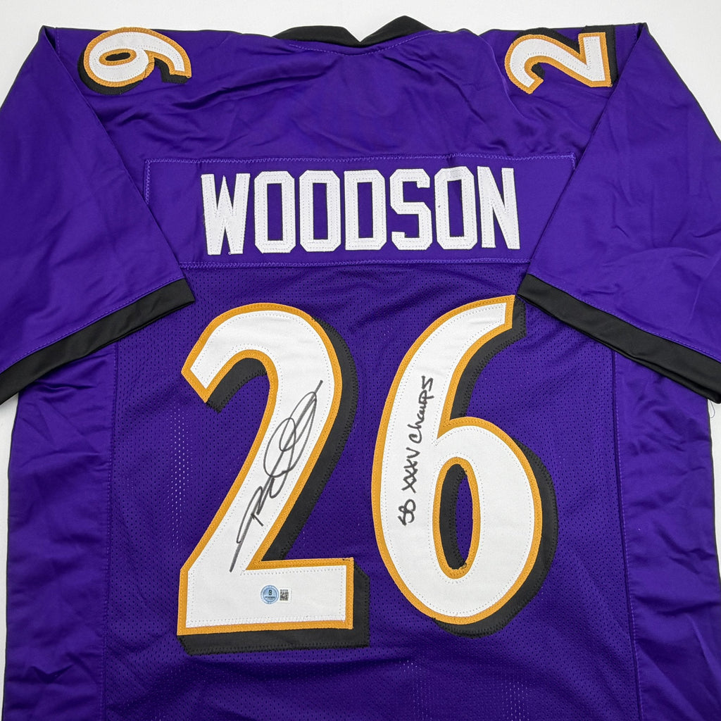 Autographed/Signed Rod Woodson SB XXXV Champs Baltimore Purple Football Jersey Beckett BAS COA