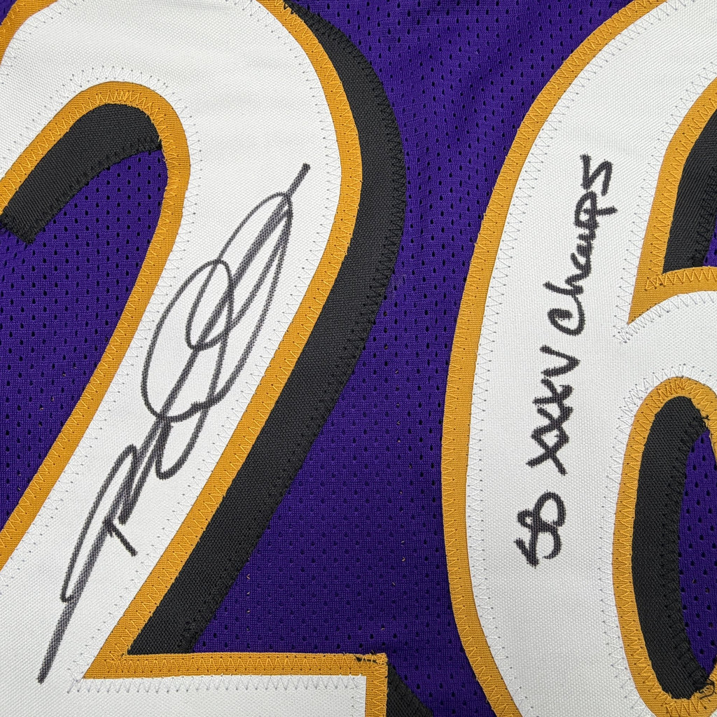 Autographed/Signed Rod Woodson SB XXXV Champs Baltimore Purple Football Jersey Beckett BAS COA