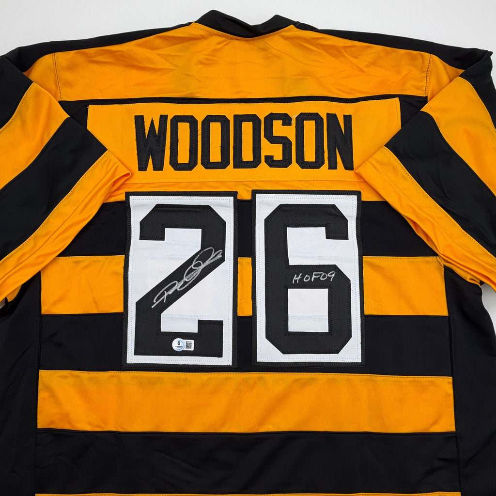Autographed/Signed Rod Woodson HOF 09 Pittsburgh Bumbe Bee Football Jersey Beckett BAS COA