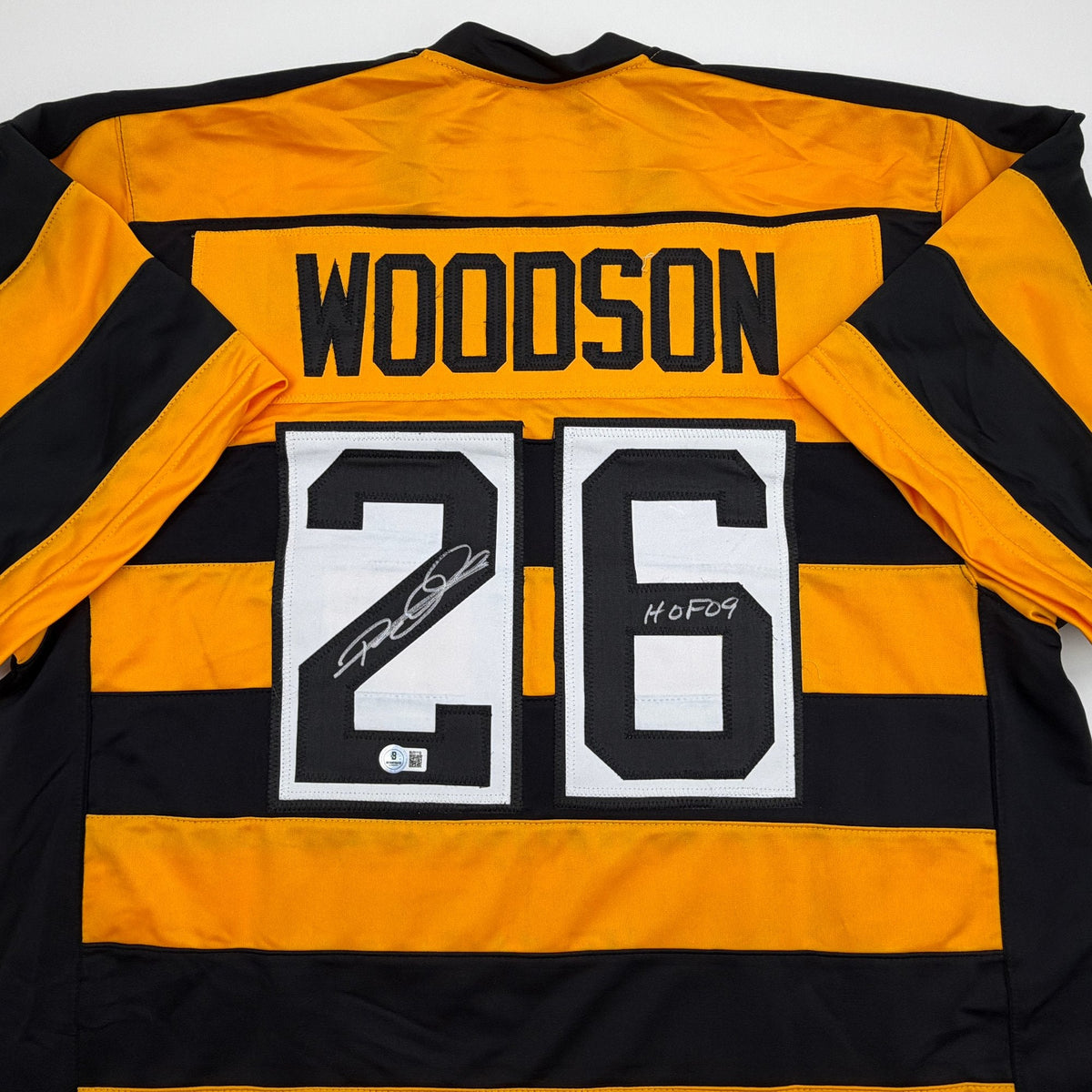 Autographed/Signed Rod Woodson HOF 09 Pittsburgh Bumbe Bee Football Jersey Beckett BAS COA
