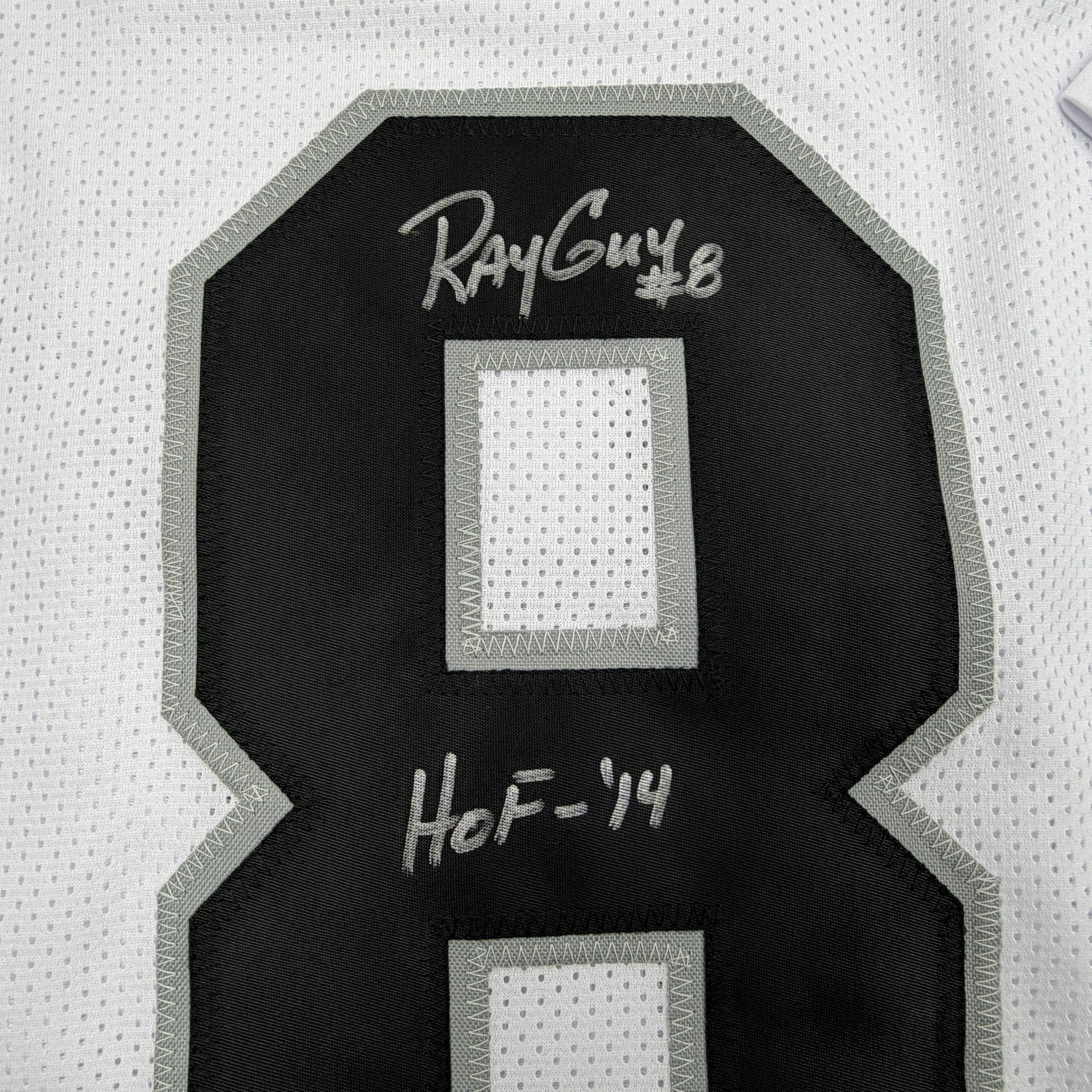 Autographed/Signed Ray Guy HOF 14 Oakland Las Vegas White Football Jersey JSA COA