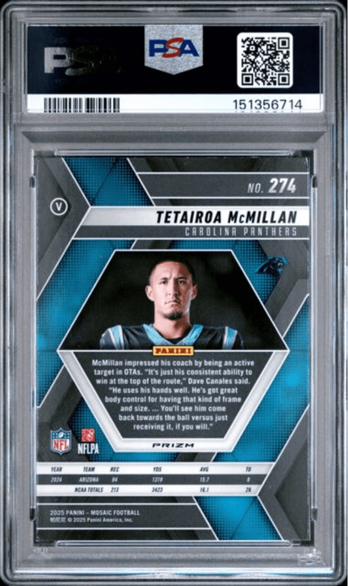 Graded 2025 Panini Mosaic Tetairoa McMillan #274 Reactive Yellow Rookie RC Football Card PSA 10 Gem Mint