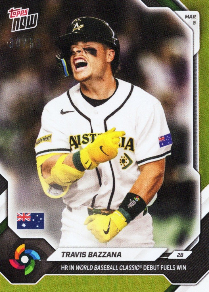 2026 Topps Now World Baseball Classic Travis Bazzana #WB1 Gold Foil /50 Home Run in World Baseball Classic Debut Fuels Win Team Australia Rookie RC Baseball Card