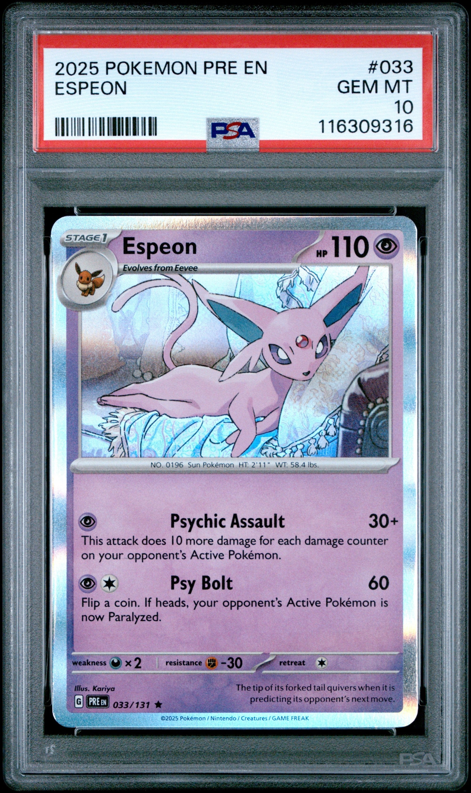 Graded 2025 Pokemon PRE EN Espeon #033 Prismatic Evolutions Trading Card Game PSA 10 Gem Mint